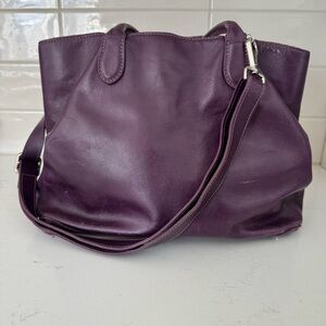 Roots Daily Double Pongo Leather Crossbody Purse Tote Eggplant Purple